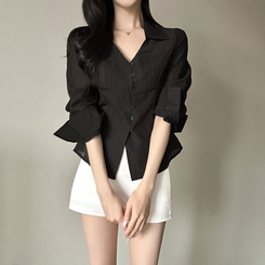Vカラーレイヤードシースルー長袖ブラウスシャツ BLACK