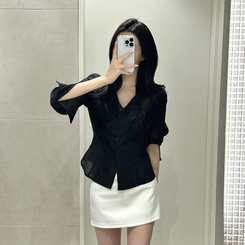 Vカラーレイヤードシースルー長袖ブラウスシャツ BLACK