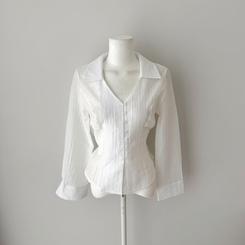 Vカラーレイヤードシースルー長袖ブラウスシャツ