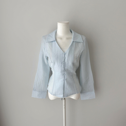 Vカラーレイヤードシースルー長袖ブラウスシャツ