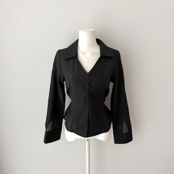 Vカラーレイヤードシースルー長袖ブラウスシャツ