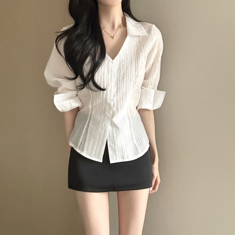 Vカラーレイヤードシースルー長袖ブラウスシャツ WHITE