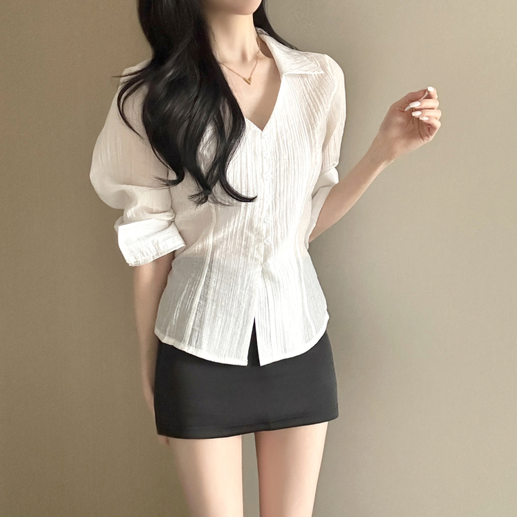 Vカラーレイヤードシースルー長袖ブラウスシャツ WHITE