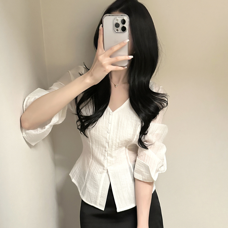 Vカラーレイヤードシースルー長袖ブラウスシャツ WHITE