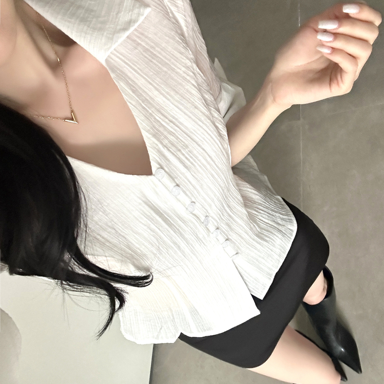 Vカラーレイヤードシースルー長袖ブラウスシャツ WHITE