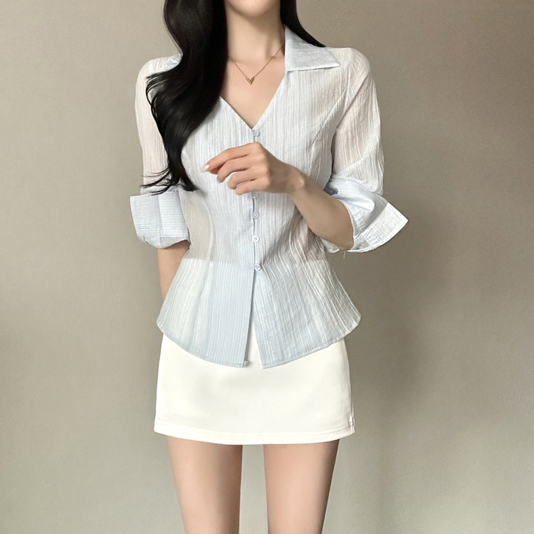 Vカラーレイヤードシースルー長袖ブラウスシャツ SKY BLUE