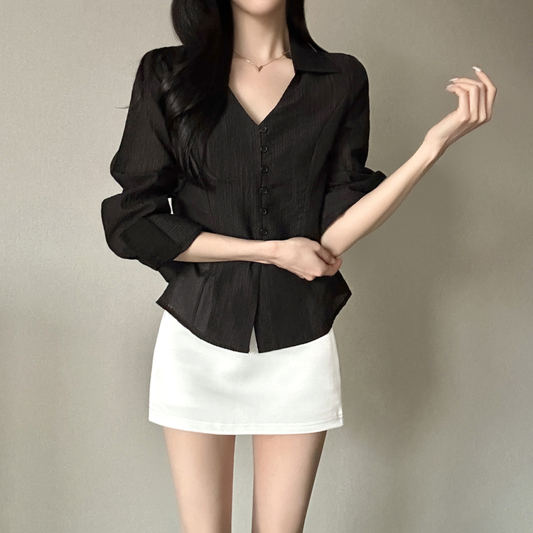 Vカラーレイヤードシースルー長袖ブラウスシャツ BLACK