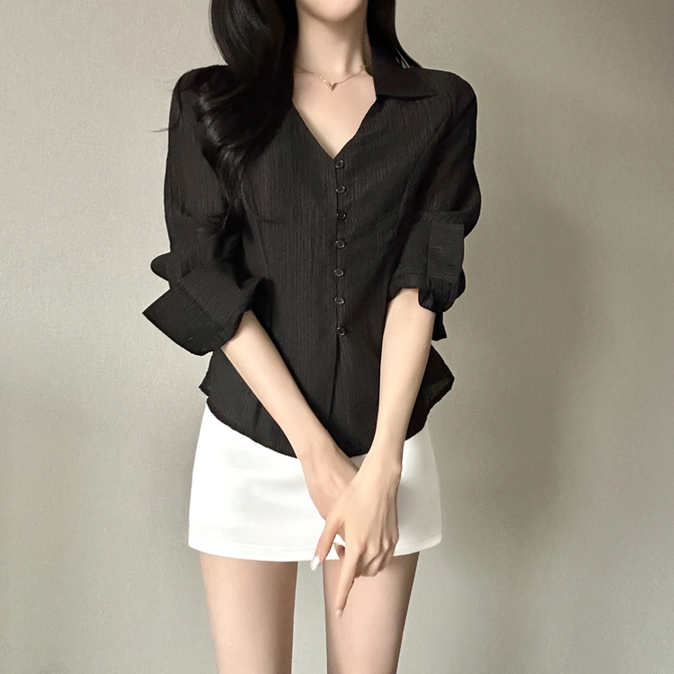 Vカラーレイヤードシースルー長袖ブラウスシャツ BLACK
