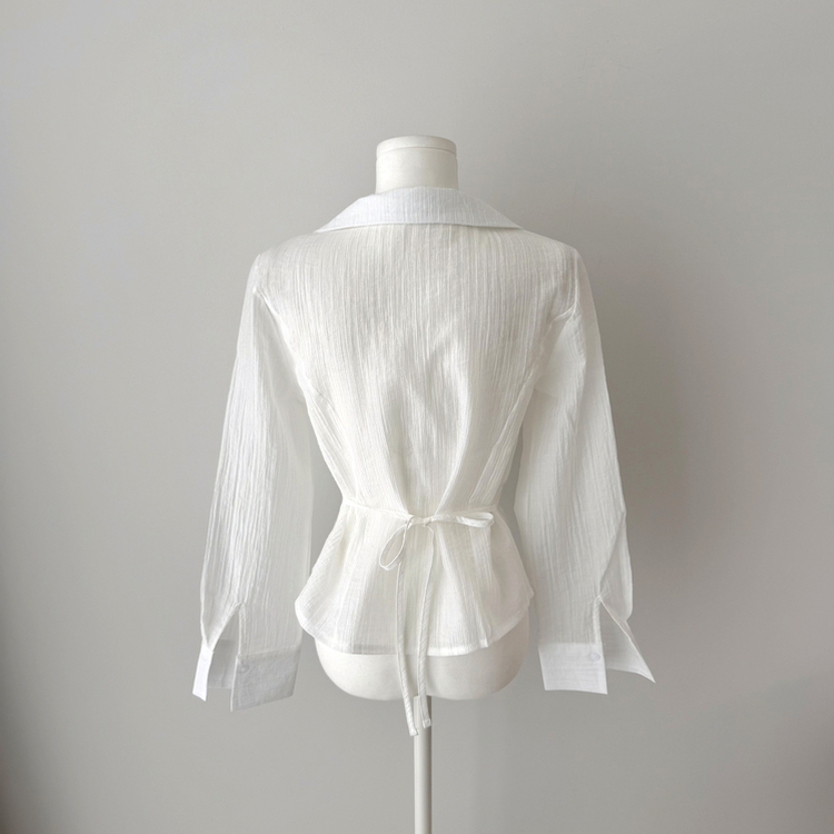 Vカラーレイヤードシースルー長袖ブラウスシャツ