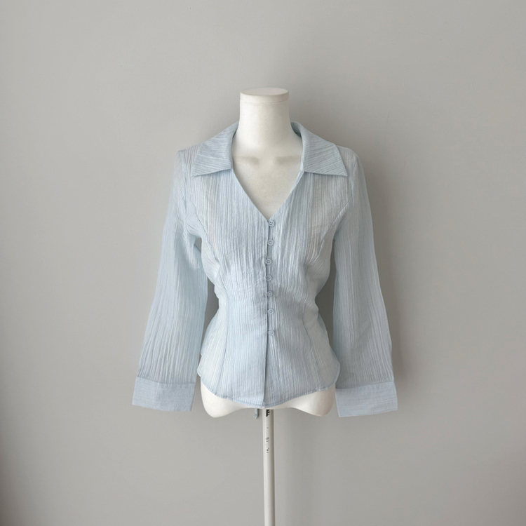 Vカラーレイヤードシースルー長袖ブラウスシャツ