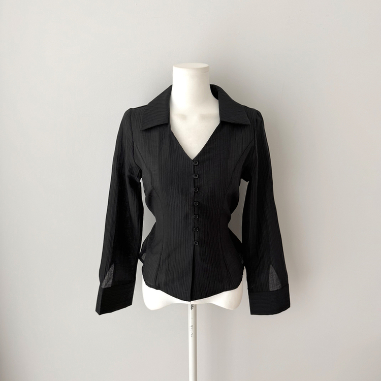 Vカラーレイヤードシースルー長袖ブラウスシャツ