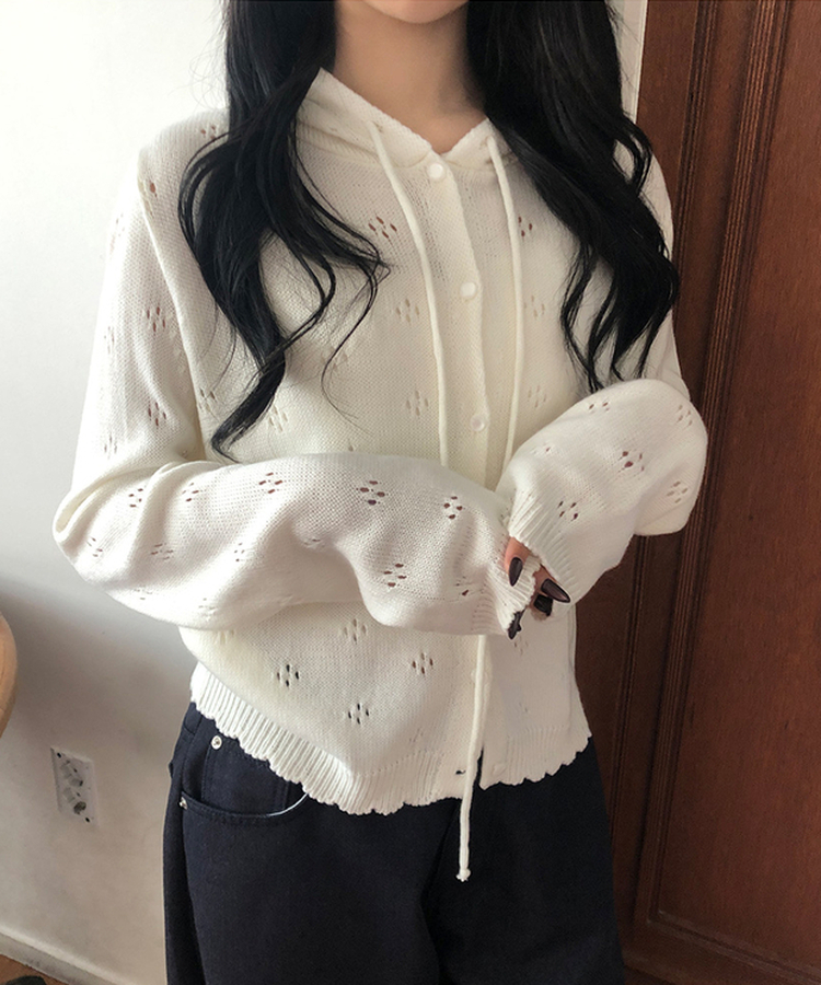 フラワーパンチングフードニットカーディガン IVORY