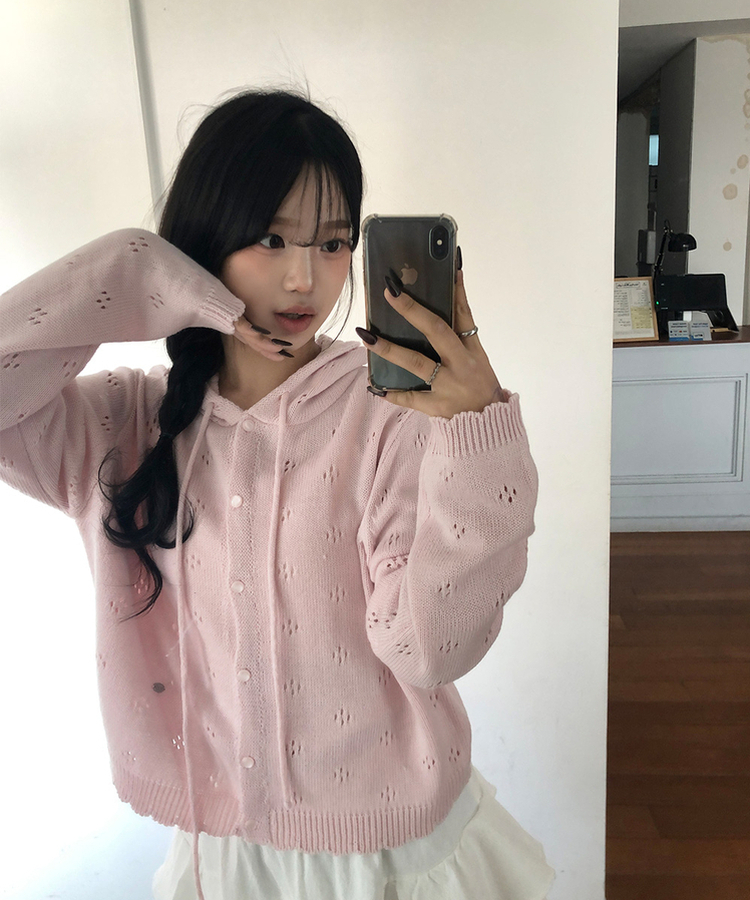 フラワーパンチングフードニットカーディガン PINK