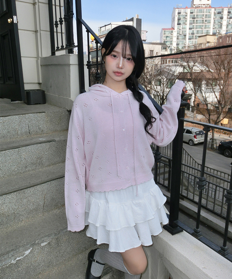 フラワーパンチングフードニットカーディガン PINK