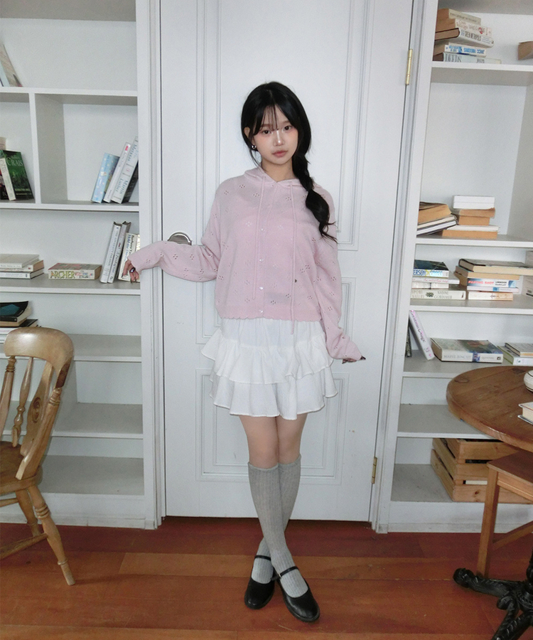 フラワーパンチングフードニットカーディガン PINK