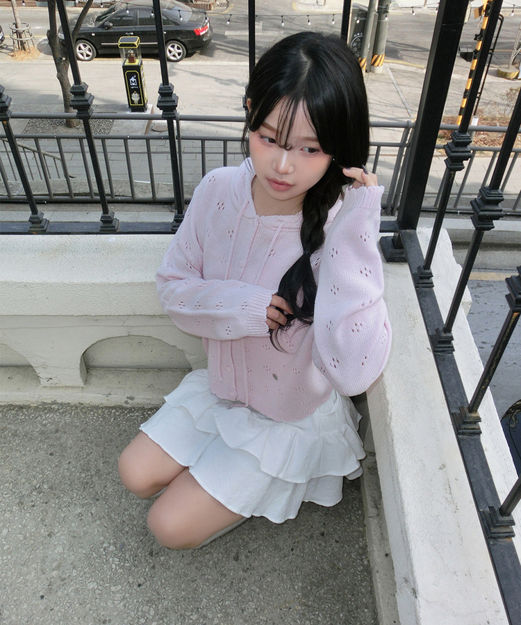 フラワーパンチングフードニットカーディガン PINK