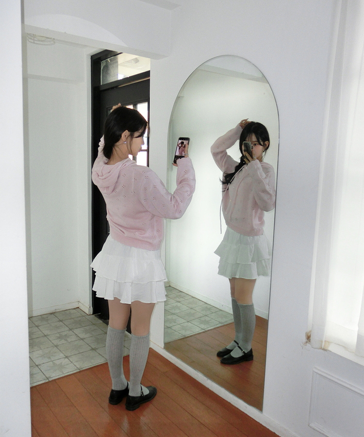 フラワーパンチングフードニットカーディガン PINK