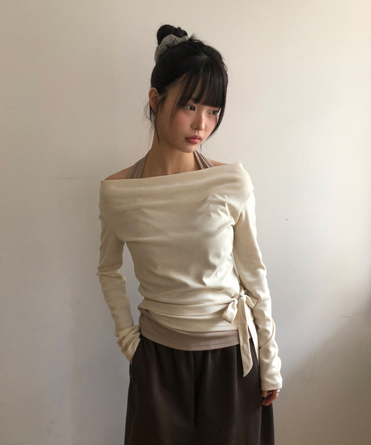 ホルターネックレイヤード長袖Tシャツ BEIGE