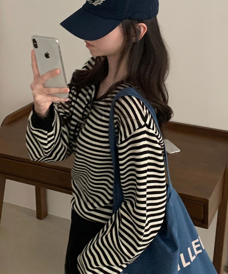 데이빈 스트라이프 라운드 긴팔니트 7color 아이보리/블랙