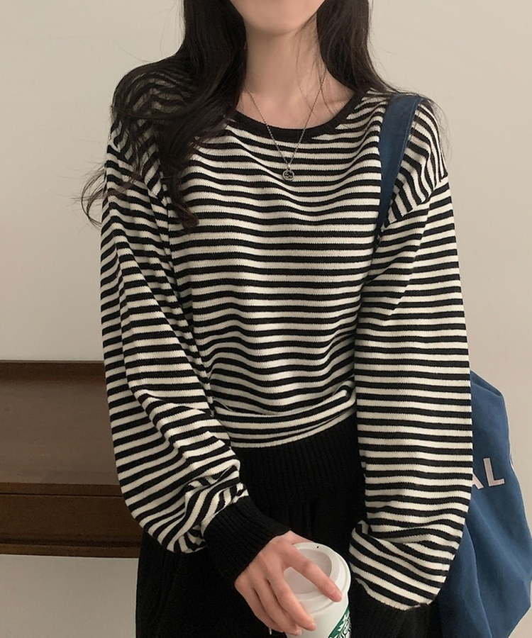 데이빈 스트라이프 라운드 긴팔니트 7color 아이보리/블랙