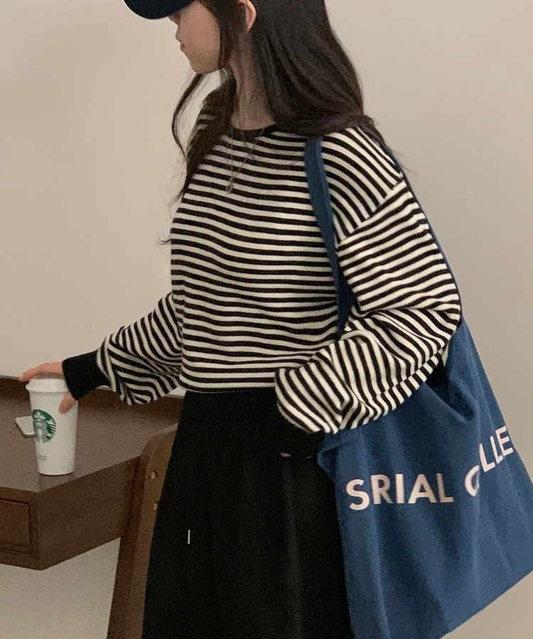 데이빈 스트라이프 라운드 긴팔니트 7color 아이보리/블랙