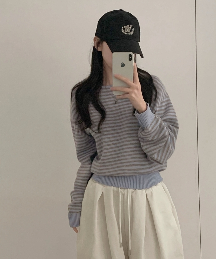 데이빈 스트라이프 라운드 긴팔니트 7color 소라