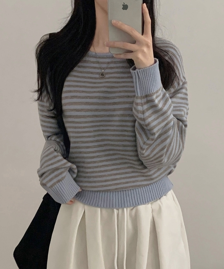 데이빈 스트라이프 라운드 긴팔니트 7color 소라