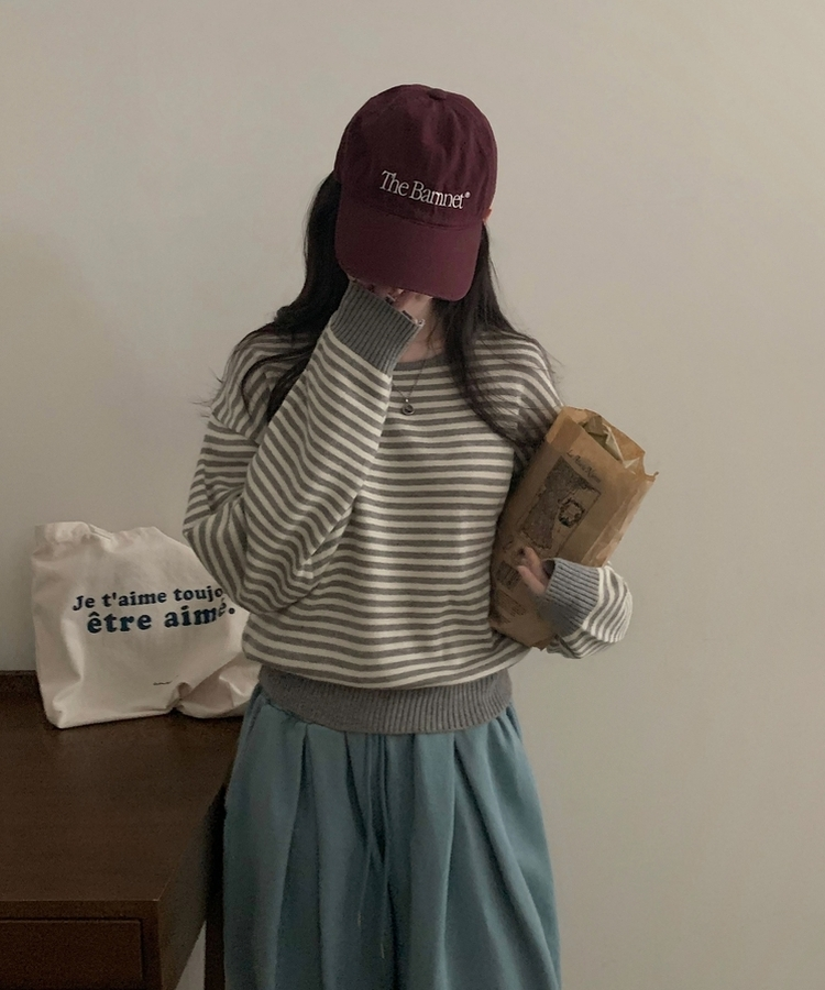 데이빈 스트라이프 라운드 긴팔니트 7color 그레이