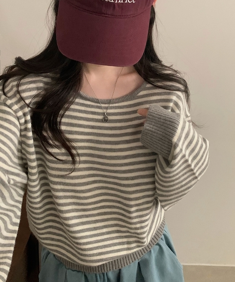 데이빈 스트라이프 라운드 긴팔니트 7color 그레이