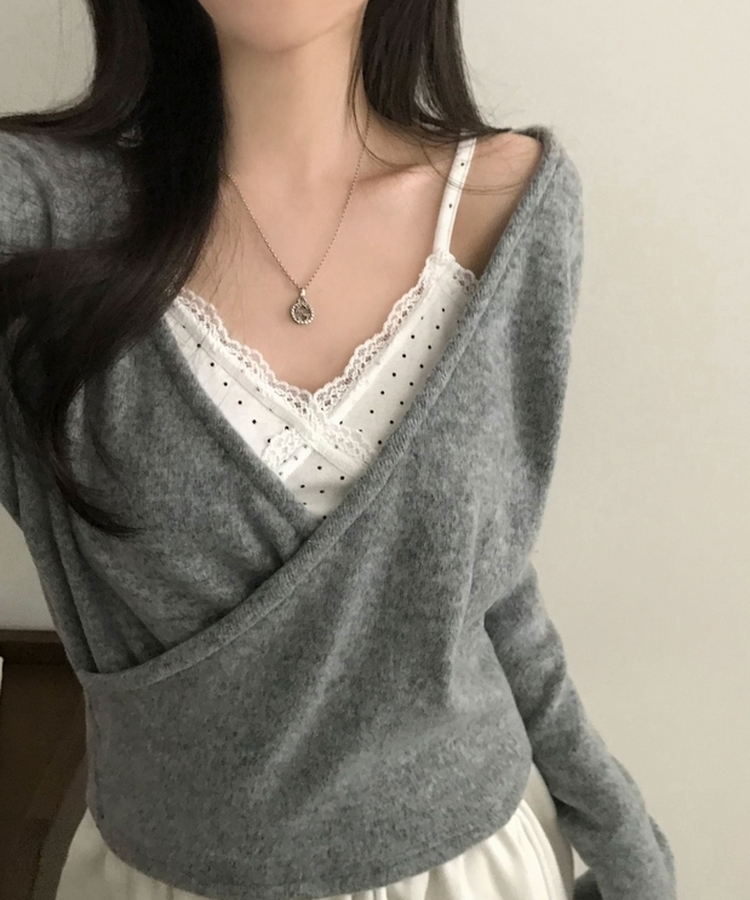 포리나 여리 오프숄더 슬림 랩니트 티셔츠 3color 그레이