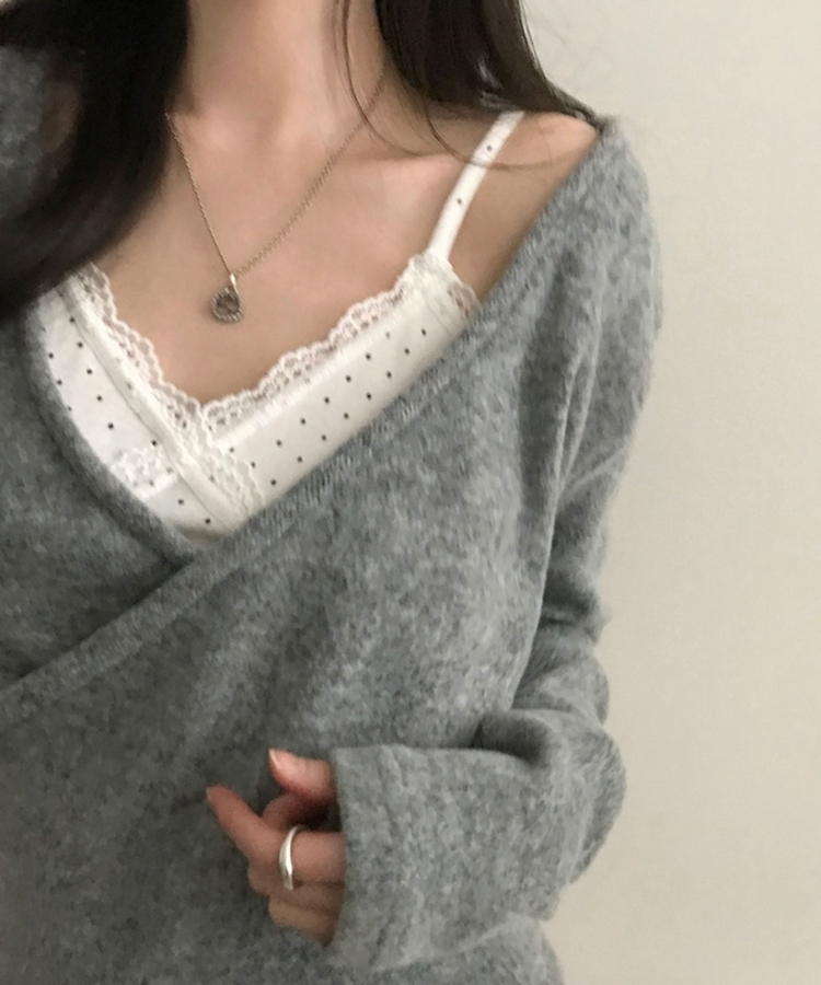 포리나 여리 오프숄더 슬림 랩니트 티셔츠 3color 그레이