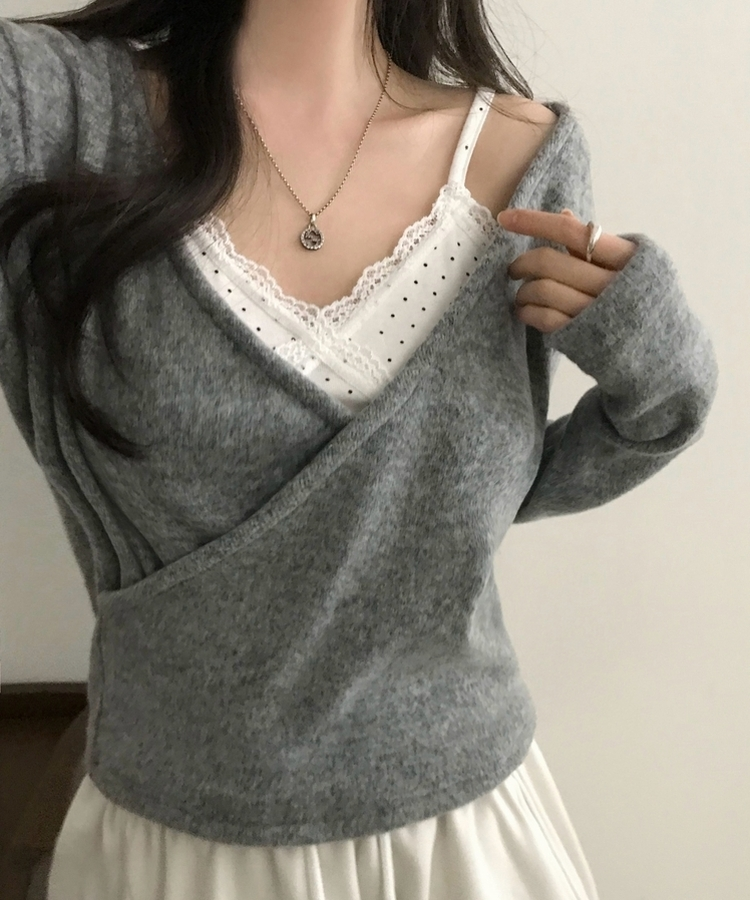 포리나 여리 오프숄더 슬림 랩니트 티셔츠 3color 그레이