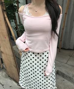 【SET】レイヤードトップス＋レースキャミソール PINK