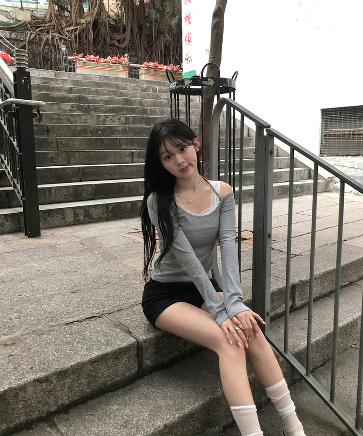 【SET】レイヤードトップス＋レースキャミソール GREY