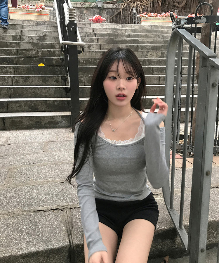 【SET】レイヤードトップス＋レースキャミソール GREY