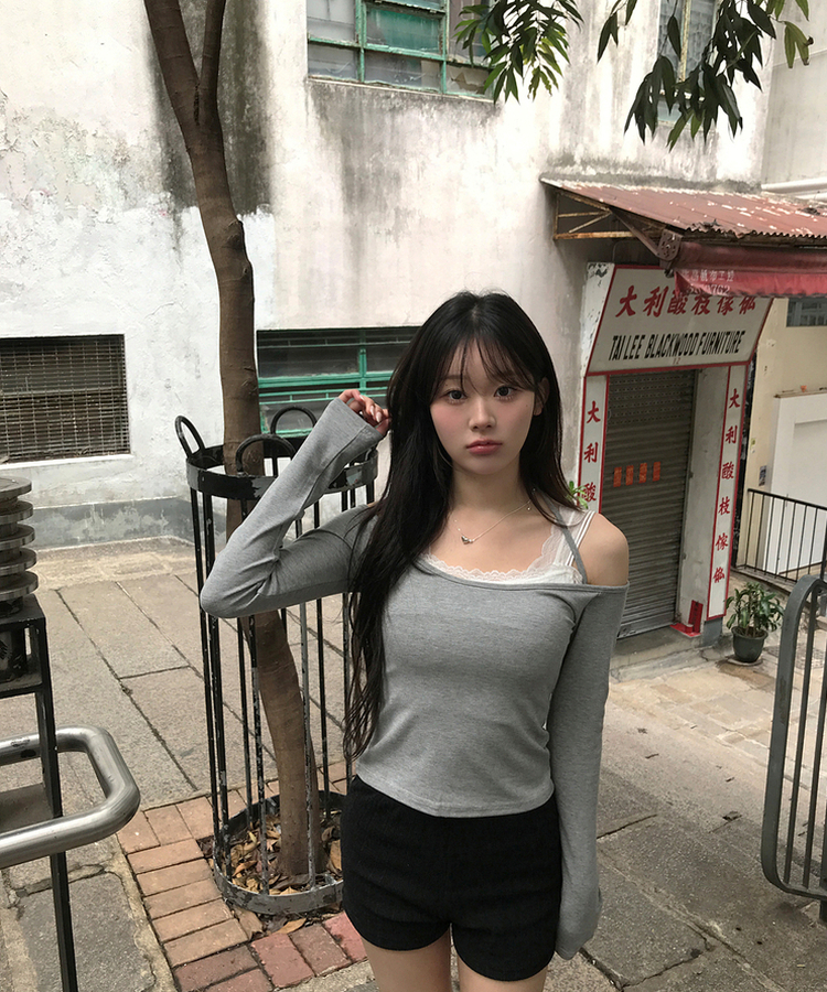 【SET】レイヤードトップス＋レースキャミソール GREY