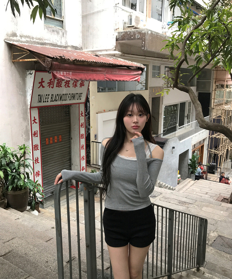 【SET】レイヤードトップス＋レースキャミソール GREY