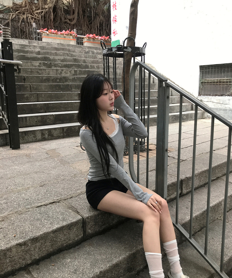 【SET】レイヤードトップス＋レースキャミソール GREY