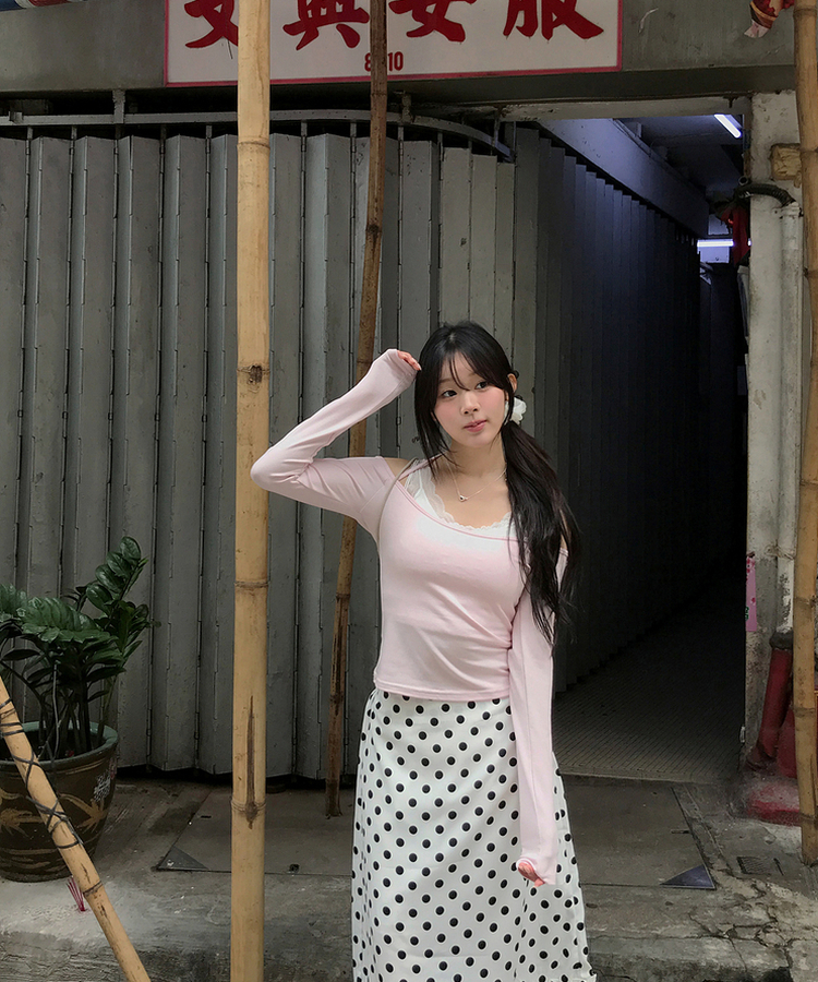 【SET】レイヤードトップス＋レースキャミソール PINK