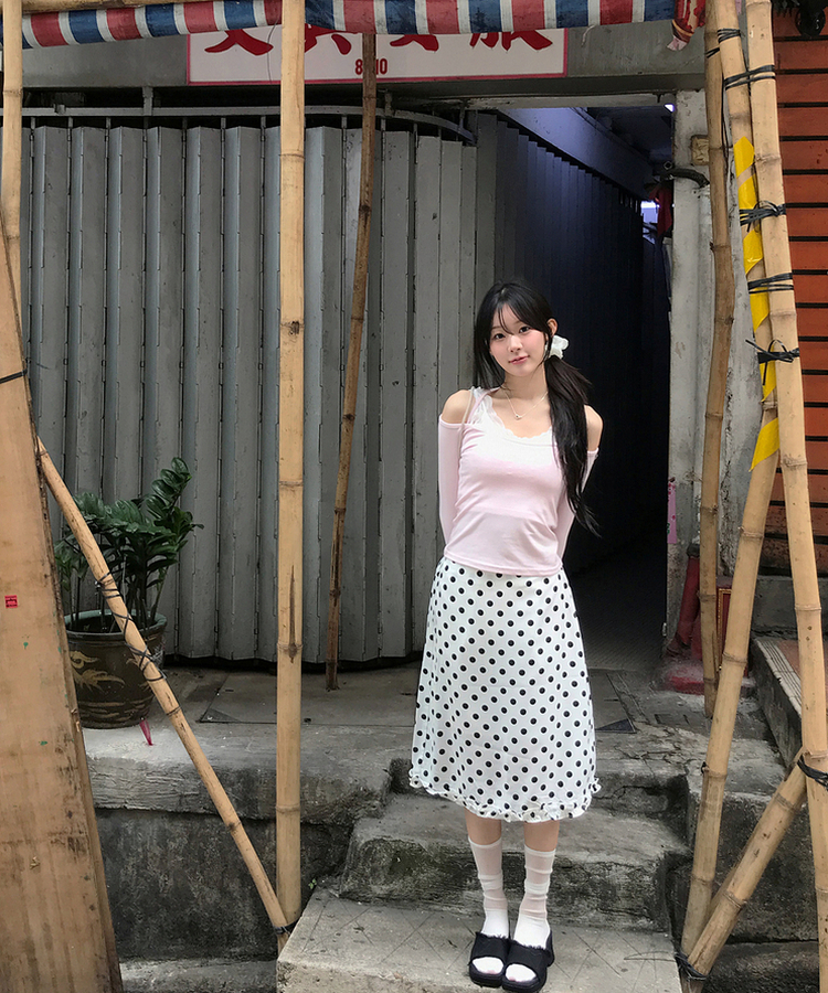 【SET】レイヤードトップス＋レースキャミソール PINK