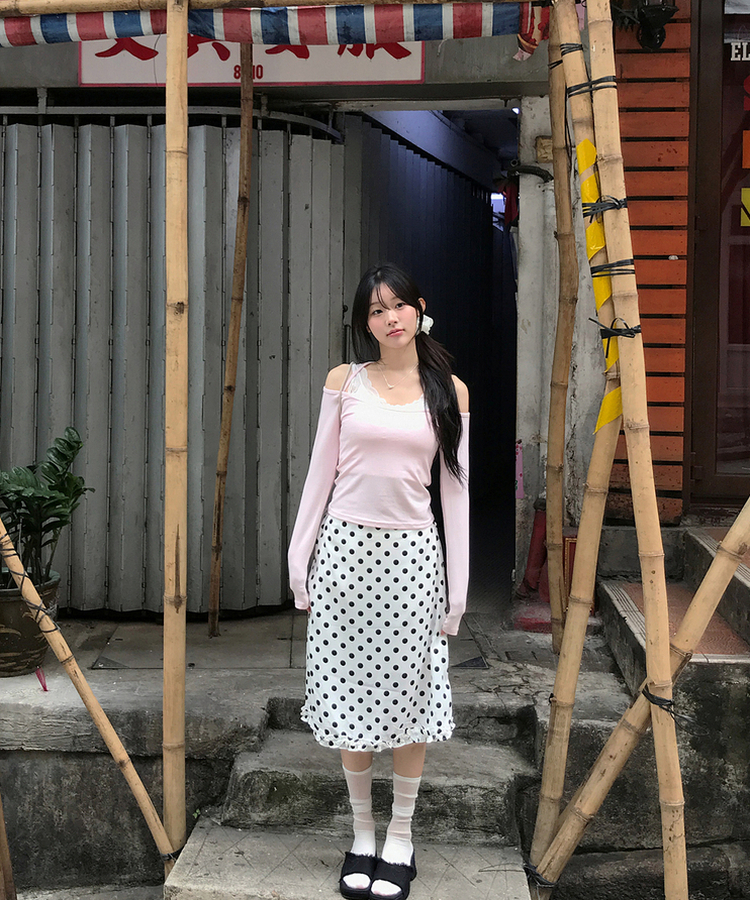 【SET】レイヤードトップス＋レースキャミソール PINK