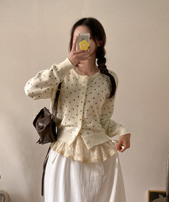 유즈 잔꽃 라운드 가디건 아이보리