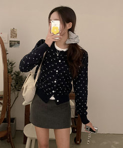 유즈 잔꽃 라운드 가디건 네이비