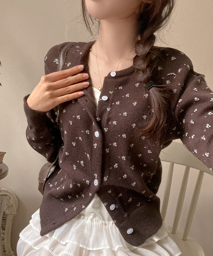 유즈 잔꽃 라운드 가디건 브라운