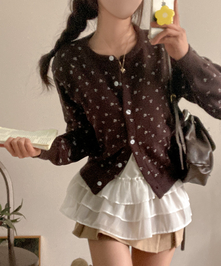 유즈 잔꽃 라운드 가디건 브라운