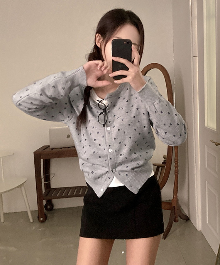 유즈 잔꽃 라운드 가디건 그레이