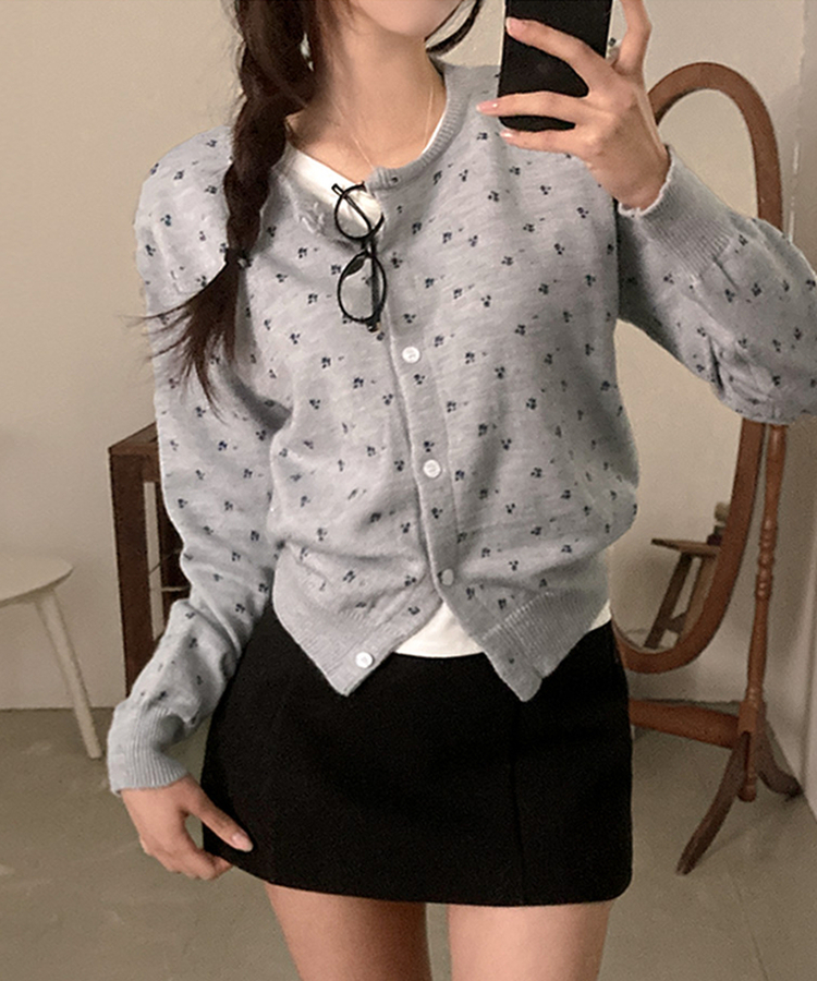 유즈 잔꽃 라운드 가디건 그레이