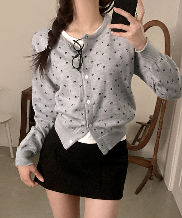 유즈 잔꽃 라운드 가디건 그레이