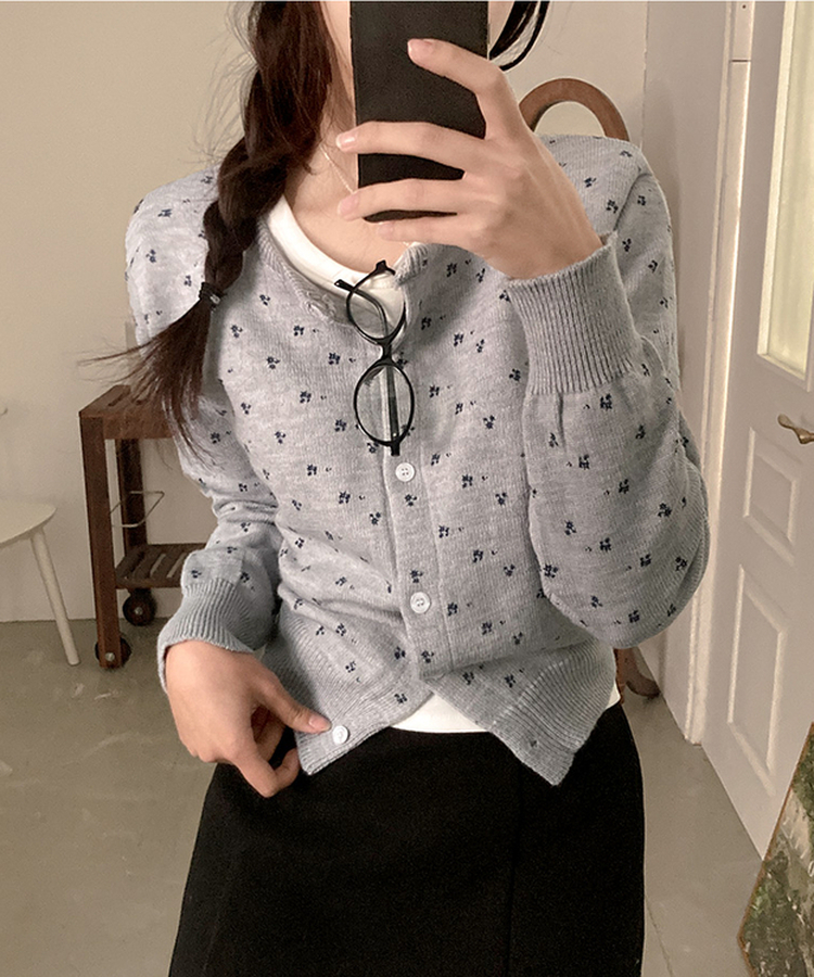 유즈 잔꽃 라운드 가디건 그레이