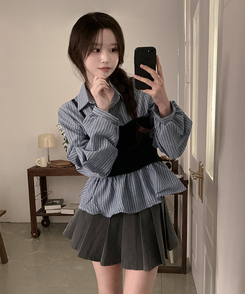 바인드 스트라이프 퍼프 뷔스티에 일체형 블라우스 셔츠 소라